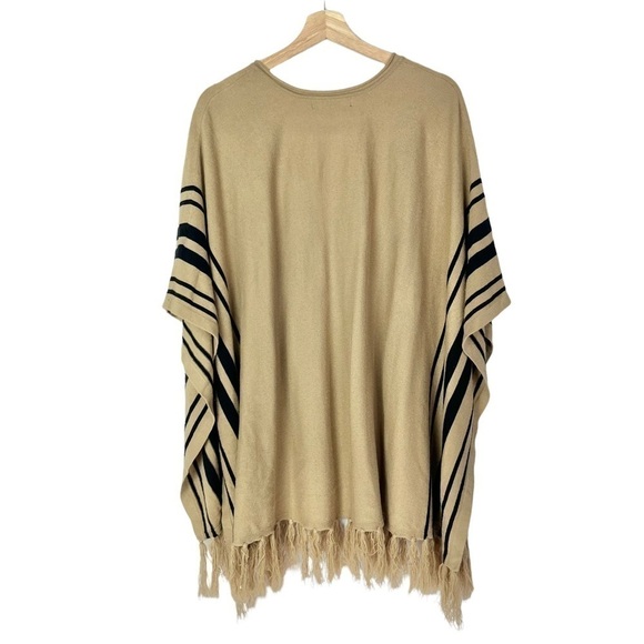 Forever 21 Brown & Black Stripe Tassel Bottom Poncho Sweater OS - Picture 2 of 5